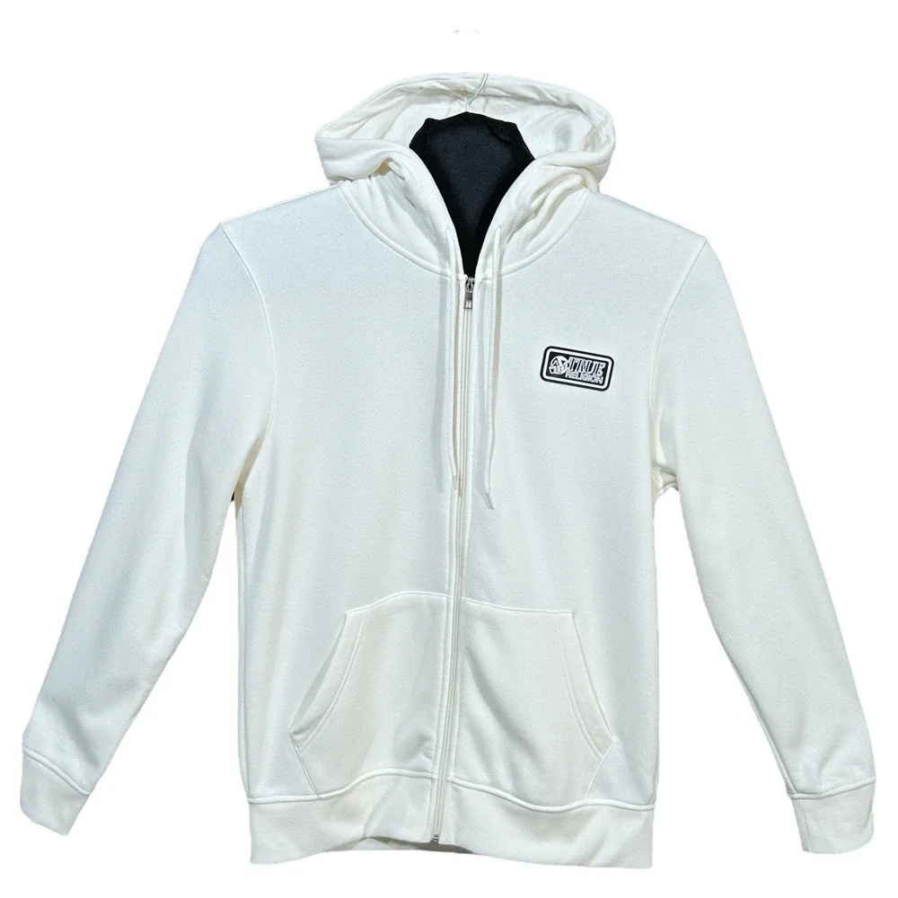 True Religion Mens Full Zip Hoodie Size L‎ Winter White Branded Tape Across Back